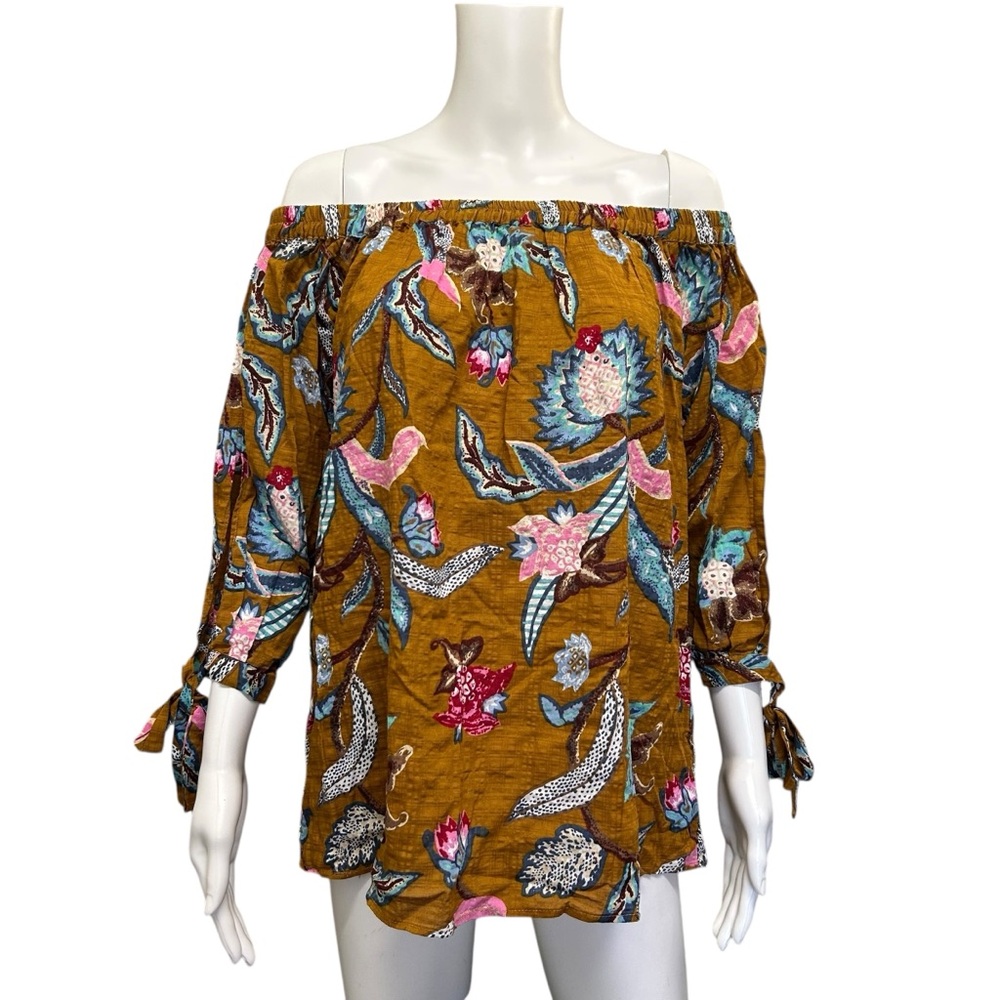 Hayden LA Brown Multicolor Floral Off Shoulder 3/4 Sleeve Milkmaid Blouse Size M